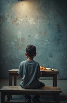Child sits at table with plate of food. Boy looks at meal alone. Concept of world hunger poverty and food scarcity. Hopeful image for charity.