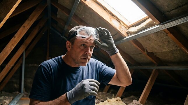 Experienced contractor in blue t-shirt and work gloves preparing for manual labor in dusty attic construction site with exposed wooden beams