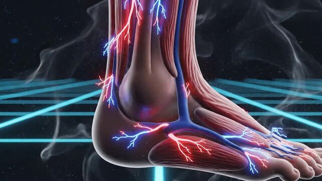 Digital visualization of human foot with intricate nerve and muscle structures electrified in a futuristic setting