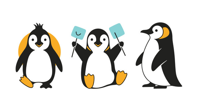 Collection of three cute cartoon penguins in different poses including one holding signs and another walking on white.
