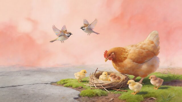 Hen with chicks and flying birds