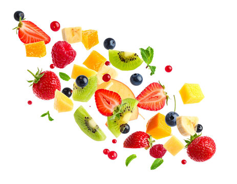 Fresh fruit salad falling isolated for food designers to visualize vitamins and healthy nutrition in dynamic advertising layouts on transparent background for maximum vitality