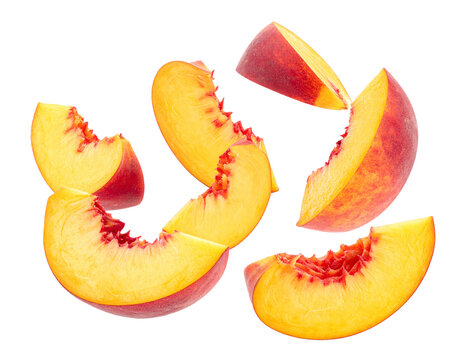 Juicy peach slices falling isolated for food designers to create dynamic beverage packaging and summery advertising layouts on transparent background for maximum freshness