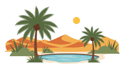 Obraz premium Peaceful desert oasis with lush green palm trees surrounding a clear blue water pond amidst sand dunes and sun.
