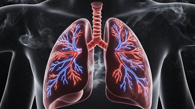 Animated visualization of human lungs highlighting complex bronchial and vascular structures in a detailed medical illustration