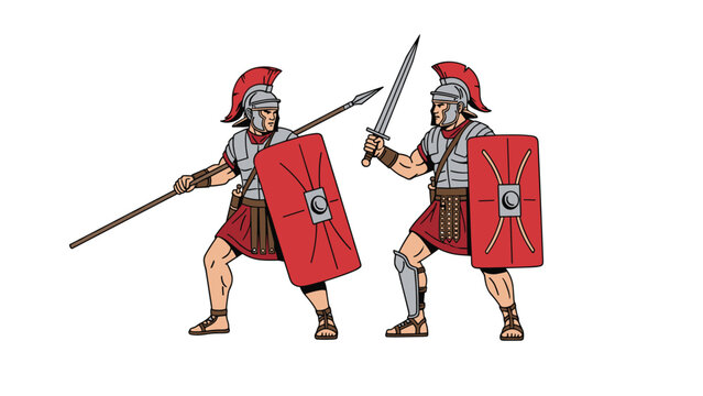 Brave roman soldiers in traditional armor equipped with spears swords and red shields ready for battle.