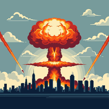 Nuclear explosion occurs over cityscape with missiles and cb1a1836-aeb6-4abe-8f4c-9714149f5982 destruction