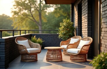 Obraz premium Wicker chairs and table set on modern balcony with trees background. Outdoor furniture with white cushions invites relaxation in sunlit space. Contemporary home exterior with brick wall.