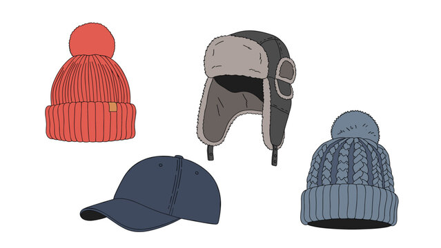 Set of four different types of hats including a red beanie, a fur-lined trapper hat, a blue baseball cap, and a knitted pom-pom hat.