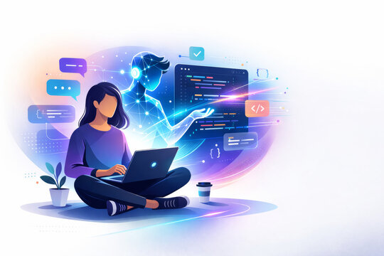 A woman learning coding in an educational setting with digital elements, Vibe coding concept