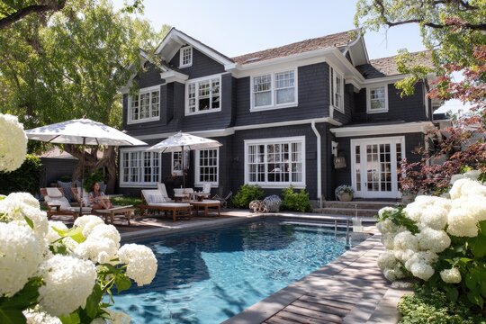 A luxurious, two-story gray house with white trim is nestled amongst lush greenery and features a sparkling swimming pool and comfortable lounge area.