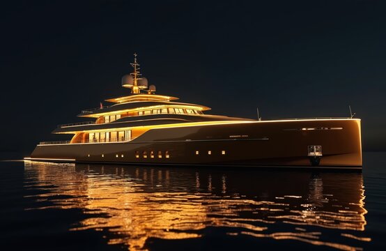 Modern golden yacht floats on dark sea at night. Ship exterior shows minimalist design and warm interior lights. Vessel sails on calm water reflecting glowing illumination.