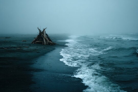 Moody coastal landscape with driftwood and waves