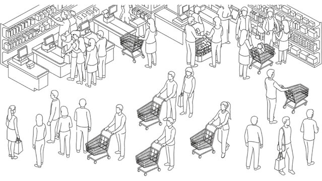 Top View Supermarket Shopping Activity Vector Set with Outline Human Silhouettes Rear Views for Architectural Elevations
