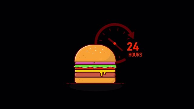 Burger with 24 Hours Clock. 24 Hour Fast Food Delivery Concept Animation Video - Transparent