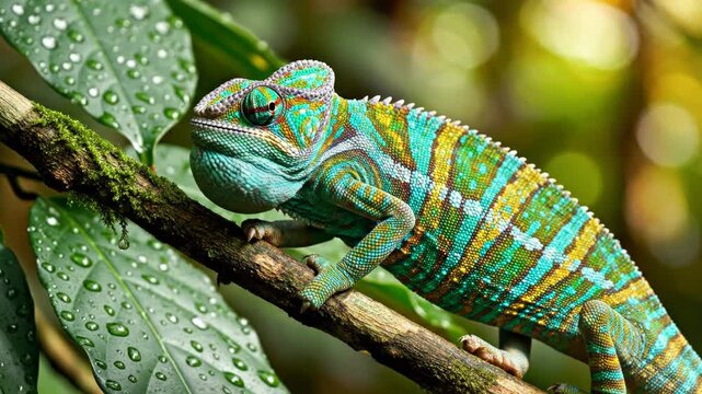 Detailed close-up of a vibrant multicolored Panther Chameleon with turquoise and yellow scale patterns perched on a mossy branch next to wet green leaves with dew in a tropical jungle.