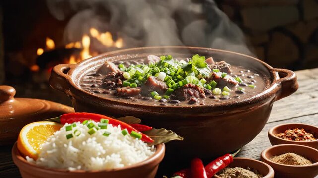 Hearty traditional Brazilian Feijoada stew with rice and chili peppers