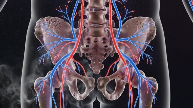 Detailed visualization of human circulatory system showcasing arteries and veins in the pelvic region for educational and