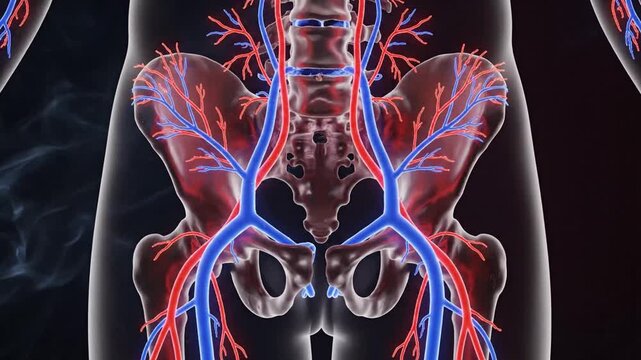 Detailed visualization of the human vascular system highlighting arteries and veins within the torso showcasing circulatory