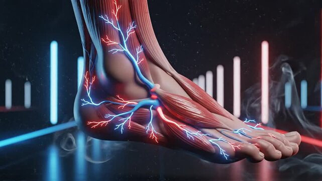 Detailed Animation of Human Foot Muscles Veins and Nerve Pathways in Scientific Illustration