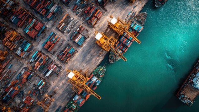 An aerial view showcases a bustling port with rows of colorful shipping containers and large cranes loading and unloading cargo onto docked vessels.