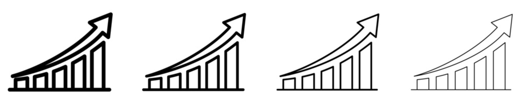 Set of linear growth chart icons with an upward arrow with different stroke weights. Symbol of financial success, steady business development, and progress.