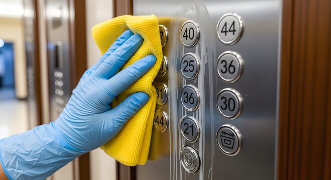 Gloved hand cleaning elevator buttons with yellow microfiber cloth