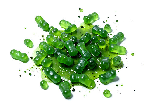 Messy spill of only green gummy bears on white background, dynamic angles, some bears upside down, studio flash, no text, photorealism, high r
esolution.