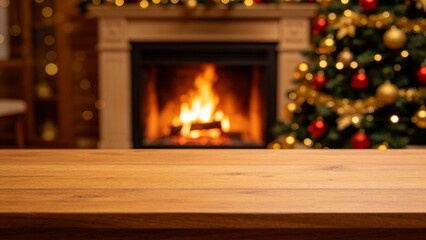 Obraz premium Wooden table with fireplace and Christmas tree