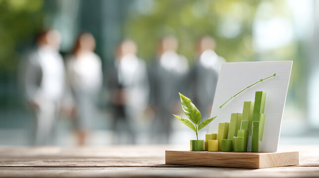 Green business growth concept with seedling and bar chart on wooden desk