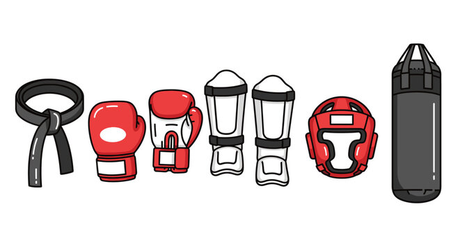 Boxing equipment illustration gloves headgear belt shin guards and punching bag