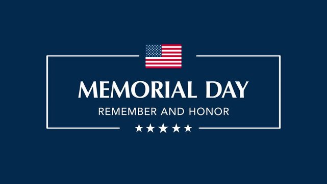 Memorial Day greeting animation with USA flag and frame on navy blue background.