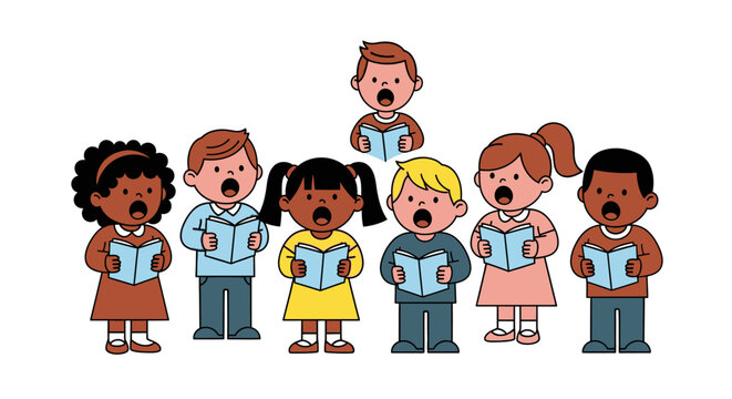 Children singing together holding books illustration on white background