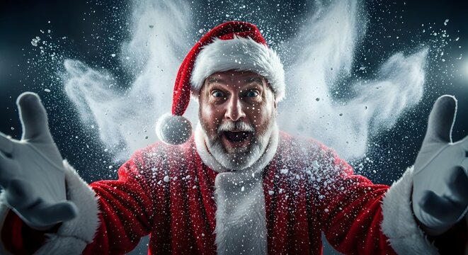 Festive Santa Claus with surprised expression throwing snowflakes in winter holiday celebration scene for Christmas season advertising and greeting cards