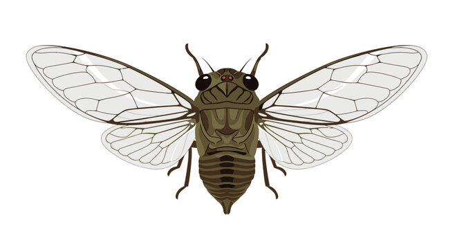 Detailed illustration of a cicada insect with transparent wings against white