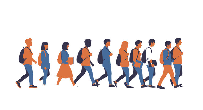 Diverse group of students walking with backpacks against a white backdrop