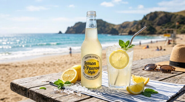 Chilled lemon drink and sparkling citrus soda on a beachside table with ocean view