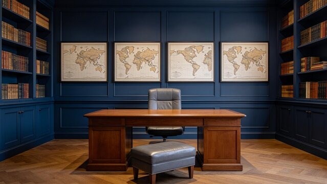 Study room with maps and bookshelves