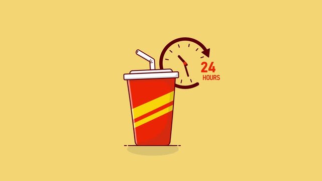 4k Drink with 24 Hours Clock. 24 Hour Fast Food Delivery Concept Animation Video 