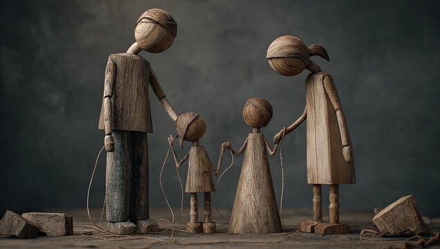 A poignant artistic representation of a family bound together by delicate strings, symbolizing connection and fragility against a textured, dark background.