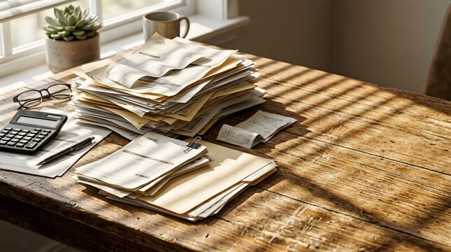 Messy stack of financial paperwork on desk symbolizing tax stress, debt problems and financial overload