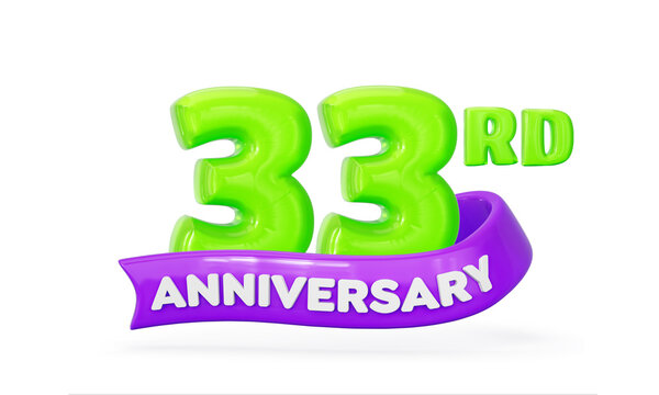 33rd Anniversary celebration with green 3d jelly numbers and purple ribbon. 3d illustration