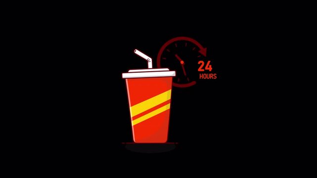 Drink with 24 Hours Clock. 24 Hour Fast Food Delivery Concept Animation Video - Transparent