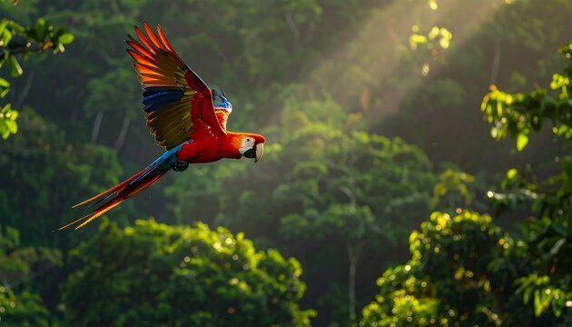 Scarlet Macaw Parrot In Flight Vibrant Wildlife Photograph Red Blue And Yellow Bird Soaring Through Lush Green Tropical Rainforest With Sunbeams