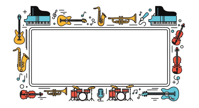 Decorative frame featuring colorful hand drawn musical instruments.