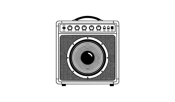 Stylized guitar amplifier vector illustration with control knobs speaker grill and clean modern design isolated on white