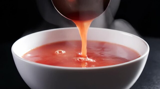 Ladle pouring hot red soup into white bowl