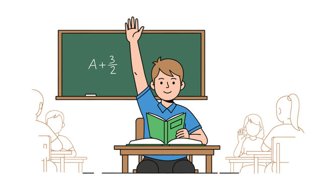 Student raising hand in classroom with textbook and mathematics equations