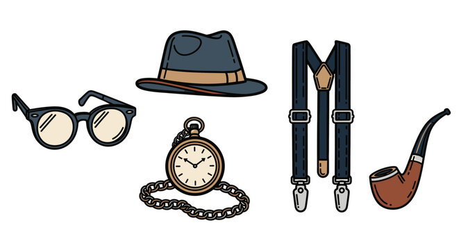 Vintage accessory collection hat glasses pocket watch suspenders and pipe