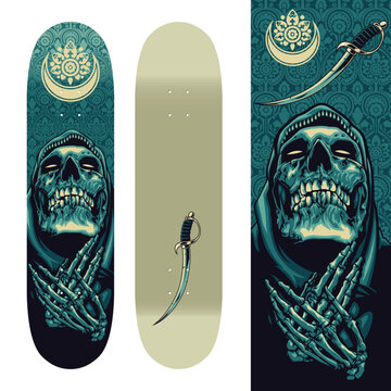 Skateboard Deck with Skeleton Praying and Sword